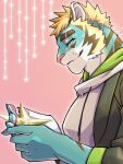  1boy animal_ears aoi_(aoi_tachi0) blonde_hair blush facial_mark half-closed_eyes highres holding holding_star hood hoodie live_a_hero male_focus pawpads pink_background profile rexer_(live_a_hero) smile solo star_(symbol) tiger_boy tiger_ears tiger_stripes upper_body whisker_markings 
