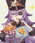  1girl bare_shoulders black_headwear bright_pupils chevreuse_(genshin_impact) eyepatch food french_fries genshin_impact gloves grey_background hat highres holding holding_food looking_at_viewer multicolored_hair purple_hair shako_cap solo streaked_hair upper_body violet_eyes white_gloves white_hair white_pupils yonaga_tsuki25 