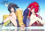  16bit_sensation 2girls akisato_konoha black_hair blue_eyes blue_hair blush commentary_request end_card fang fur-trimmed_hood fur_trim green_eyes hair_ornament high-waist_skirt holding_hands hood jacket knee_up loafers long_hair looking_at_viewer misawa_chitose multicolored_hair multiple_girls natural_(game) official_art open_mouth pleated_skirt redhead shoes short_hair sitting skirt smile sneakers tamori_tadaji thigh-highs two-tone_hair white_thighhighs yellow_jacket 