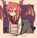  1girl bat_wings black_skirt black_vest book collared_shirt demon demon_girl demon_wings flying hair_between_eyes head_wings highres holding holding_book koakuma long_hair long_skirt long_sleeves looking_at_viewer necktie purple_background red_eyes red_necktie redhead shirt simple_background skirt sleeves_past_wrists so_happy_64 touhou two-tone_background vest white_background white_shirt wings 