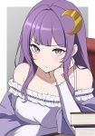  1girl :/ alternate_costume alternate_hairstyle blunt_bangs crescent crescent_hair_ornament hair_ornament highres long_hair mattyakinako_(odango_imomushi) patchouli_knowledge purple_hair solo touhou v-shaped_eyebrows very_long_hair violet_eyes 