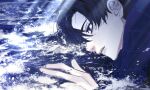 1boy black_hair blue_eyes blue_scarf close-up demian_(project_moon) hand_up highres limbus_company limc_gil41 lying on_side parted_lips partially_submerged project_moon scarf solo water 