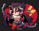  1boy abs belt black_hair black_pants black_sclera black_wings brown_belt chain chest_tattoo colored_sclera devil_jin flame_print forehead_jewel full_body glint gloves grey_horns horns kazama_jin kotorai looking_at_viewer male_focus navel no_nose pants pectorals red_gloves smile solo standing studded_gloves tattoo tekken topless_male wings yellow_eyes 