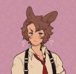  1boy animal_ears brown_hair chest_harness closed_mouth collared_shirt harness heathcliff_(project_moon) limbus_company necktie pink_background project_moon rabbit_ears red_necktie shirt simple_background solo uchimura_(rino0525) upper_body violet_eyes white_shirt 
