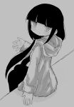  1girl absurdres black_hair black_thighhighs expressionless grey_background hand_up highres hood hoodie inabakumori kennin5 looking_at_viewer monochrome osage_(inabakumori) sitting solo thigh-highs 