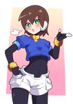  1girl absurdres aile_(mega_man_zx) black_bodysuit blue_jacket bodysuit breasts brown_hair buzzlyears cropped_jacket green_eyes highres jacket looking_at_viewer mega_man_(series) mega_man_zx open_mouth short_hair short_sleeves small_breasts solo teeth upper_teeth_only 