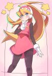 1girl absurdres black_pantyhose blonde_hair blue_eyes blush buzzlyears ciel_(mega_man) closed_mouth gloves highres long_hair looking_at_viewer mega_man_(series) mega_man_zero_(series) pantyhose pink_skirt ponytail skirt solo standing swept_bangs white_gloves 