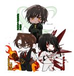  1boy 2girls black_pants black_vest blood blood_on_face brown_hair chibi closed_mouth fire gauntlets glasses gregor_(project_moon) highres holding holding_knife jacket knife korean_text limbus_company limc_gil41 looking_at_viewer low_ponytail multiple_girls orange_eyes outis_(project_moon) pants project_moon red_eyes ryoshu_(project_moon) short_hair simple_background smile translation_request vest white_background white_jacket white_pants 