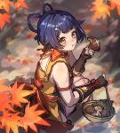  1girl bare_shoulders basket black_gloves black_hair blush bow braid bread closed_mouth fanged_bangs fingerless_gloves food genshin_impact gloves highres hikimayu holding holding_basket hozumi_rino leaf looking_at_viewer maple_leaf mushroom orange_bow red_ribbon ribbon short_hair solo squatting xiangling_(genshin_impact) yellow_eyes 