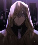 1boy black_shirt brown_coat brown_hair closed_mouth coat collared_shirt heathcliff_(project_moon) highres hood hood_up hooded_coat limbus_company limc_gil41 looking_at_viewer male_focus necktie project_moon rain shirt solo upper_body violet_eyes white_necktie 