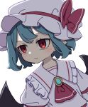  1girl absurdres ascot bat_wings black_wings blue_hair blush brooch closed_mouth collared_shirt fang frilled_shirt_collar frills hat hat_ribbon highres jewelry kame_(kamepan44231) mob_cap puffy_short_sleeves puffy_sleeves red_ascot red_eyes red_ribbon remilia_scarlet ribbon shirt short_hair short_sleeves simple_background skin_fang solo touhou upper_body white_background white_headwear wings 