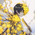  1boy black_hair branch closed_mouth coat e.g.o_(project_moon) flaw_eight flower flower_over_eye grey_coat hair_flower hair_ornament hand_fan holding holding_fan limbus_company long_sleeves looking_at_viewer project_moon solo upper_body white_coat wide_sleeves wings yellow_eyes yellow_flower yi_sang_(project_moon) 