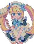  1girl blonde_hair blue_bow blue_eyes bow broom hair_bow highres holding holding_broom looking_at_viewer maid original parted_lips puffy_short_sleeves puffy_sleeves short_sleeves simple_background solo twintails umipi white_background 