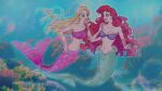  2girls ariel_(disney) barbie_(character) barbie_(franchise) barbie_in_a_mermaid_tale barbie_movies bikini blonde_hair blue_eyes breasts crop_top curly_hair disney fins floral_print green_tail hand_on_another&#039;s_shoulder highres jewelry long_hair medium_breasts merliah_(barbie) mermaid monster_girl multicolored_hair multiple_girls navel necklace okitafuji pink_hair pink_shirt pink_tail redhead shell shell_bikini shirt streaked_hair swimming swimsuit the_little_mermaid underwater 