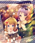  2girls :o ahoge anaroguya black_bow black_coat black_hairband blue_eyes blush bow brown_gloves brown_hair coat commentary earmuffs earrings food-themed_earrings fur_shawl gloves green_coat hair_bow hairband hands_up highres idolmaster idolmaster_million_live! jewelry long_sleeves looking_at_viewer makabe_mizuki medium_hair multiple_girls open_mouth purple_hair red_bow shawl short_hair sidelocks smile sparkle star_(symbol) strawberry_earrings suou_momoko upper_body wavy_hair white_shawl yellow_eyes 