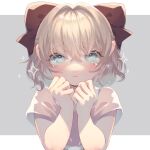  1girl blonde_hair blush bow dot_nose dress eyelashes frown grey_eyes hair_between_eyes highres looking_at_viewer mother_(game) mother_2 paula_(mother_2) pink_dress red_bow shifumame short_hair short_sleeves solo sparkle straight-on tears upper_body 