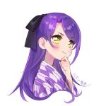  1girl black_ribbon blush closed_mouth commentary_request cropped_torso hair_down hair_ribbon hand_on_own_chin hand_up japanese_clothes kimono long_hair long_sleeves looking_at_viewer oshiri_(o4ritarou) pretty_series pripara purple_hair purple_kimono ribbon simple_background smile solo toudou_shion upper_body white_background yellow_eyes 