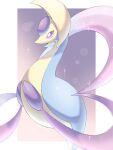  animal_focus blue_skin border bright_pupils colored_skin commentary_request cresselia forehead_jewel gradient_background highres iwasi_29 multicolored_skin no_humans pokemon pokemon_(creature) purple_background two-tone_skin violet_eyes white_border yellow_skin 