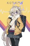  1girl absurdres ahoge ashuho bag black-framed_eyewear black_pantyhose blue_archive blush character_name earmuffs glasses gloves grey_hair hair_between_eyes hair_ornament hairclip halo hand_in_pocket highres jacket kotama_(blue_archive) kotama_(camp)_(blue_archive) long_hair long_sleeves official_alternate_costume open_clothes open_jacket orange_jacket pantyhose parted_lips pleated_skirt ponytail scarf simple_background skirt solo very_long_hair violet_eyes white_gloves 