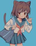  1girl animal_ears bag blue_background blue_sky blush brown_hair cat_ears cat_girl cat_tail duffel_bag highres index_finger_raised long_sleeves looking_at_viewer neckerchief orange_eyes orange_neckerchief original pleated_skirt school_uniform short_hair simple_background skirt sky smile solo tail tongue tongue_out umipi 