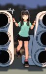  1girl aqua_shirt black_hair black_skirt commentary_request full_body grey_eyes grey_footwear highres long_hair looking_at_viewer miniskirt original outdoors pink_socks rustle scrunchie shirt shoes skirt smile sneakers socks solo standing t-shirt traffic_light wrist_scrunchie 