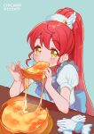  1girl blush chicago_deep_dish_pizza commentary_request eating elbows_on_table food gloves hands_up highres holding holding_food holding_pizza long_hair looking_at_viewer oshiri_(o4ritarou) pizza pizza_slice ponytail pretty_series pripara puffy_short_sleeves puffy_sleeves redhead shiratama_mikan short_sleeves sitting solo steam unworn_gloves upper_body very_long_hair yellow_eyes 
