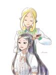  2girls alternate_costume black_hair blonde_hair brushing_another&#039;s_hair brushing_hair closed_eyes commentary_request erushiza hair_brush holding holding_hair_brush light_smile multiple_girls open_mouth pokemon pokemon_xy signature valerie_(pokemon) viola_(pokemon) 