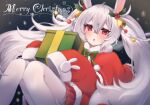  1girl animal_ears azur_lane bell blush box christmas crossed_bangs dress fake_animal_ears gift gift_box hair_bell hair_ornament hands_up highres holding holding_gift laffey_(azur_lane) long_hair long_sleeves looking_at_viewer makotono_nasu merry_christmas pantyhose parted_lips rabbit_ears rabbit_hair_ornament red_dress red_eyes red_skirt santa_costume santa_dress skirt sleeves_past_fingers sleeves_past_wrists solo twintails white_hair white_pantyhose 