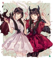  2girls absurdres angel_wings bandana black_hair demon_horns demon_wings dress green_eyes highres horns itsu_ninaku kawasaki_sakura_(nogizaka46) mole mole_under_eye multiple_girls nogizaka46 pointing pointing_up red_dress smile twintails white_dress wings 