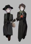  2girls absurdres ahoge belt black_belt black_coat black_gloves black_headwear breasts brown_bag brown_hair chinese_commentary closed_mouth coat commentary_request covered_collarbone earrings genderswap genderswap_(mtf) gloves green_scarf grey_coat grey_ribbon grey_sweater hand_up harada_minoru hat hat_ribbon highres jewelry kyoko_(akakikyoko) large_breasts long_hair long_sleeves multiple_girls purple_hair red_eyes ribbed_sweater ribbon saibou_shinkyoku sanpaku scar scar_on_face scar_on_forehead scarf smile sweater theodore_riddle 