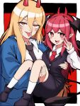  2girls absurdres black_necktie black_skirt black_vest blonde_hair blue_jacket blush carrying chainsaw_man collared_shirt commentary_request cookie_(touhou) cowboy_shot demon_girl demon_tail demon_wings full_body hair_between_eyes head_wings highres horns jacket koakuma long_bangs long_hair long_sleeves looking_at_viewer medium_bangs multiple_girls necktie open_mouth pointy_ears power_(chainsaw_man) princess_carry red_eyes red_horns red_necktie redhead sharp_teeth shirt sidelocks skirt skirt_set smile sun_kajitsu tail teeth tongue tongue_out touhou vest white_shirt wings yuzuyu_(cookie) 