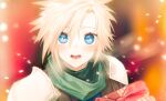  1boy armor blonde_hair blue_eyes blurry blurry_background blush box breath christmas christmas_present cloud_strife commentary_request crisis_core_final_fantasy_vii enshou_(namarien) final_fantasy final_fantasy_vii gift gift_box green_scarf hair_between_eyes looking_at_viewer male_focus open_mouth scarf shinra_infantry_uniform short_hair shoulder_armor snowing solo spiky_hair upper_body 