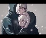  1boy 1girl black_gloves breath chinese_commentary closed_eyes coat commentary film_grain fur-trimmed_hood fur_trim gloves green_coat green_eyes half-closed_eyes highres hood hood_up hooded_coat hug ikooto111 letterboxed nier nier_(series) nier_(young) parted_lips sad scene_reference siblings sleeping snowing white_hair yonah 