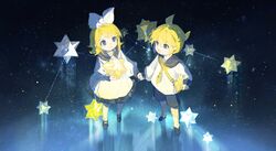  1boy 1girl absurdres aged_down ahoge black_footwear black_shorts black_skirt blonde_hair blue_eyes bow child closed_mouth constellation dress hair_bow highres holding_hands irple kagamine_len kagamine_rin open_mouth shirt short_hair shorts skirt smile socks star_(symbol) starry_background stellated_octahedron vocaloid white_dress white_shirt white_socks 