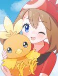  1girl ;d absurdres bandana blue_eyes brown_hair eyelashes highres holding holding_pokemon looking_at_viewer may_(pokemon) one_eye_closed open_mouth petako_(ptpt_k) pokemon pokemon_(creature) pokemon_rse red_bandana red_shirt shirt smile torchic upper_body 