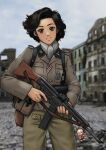  1girl assault_rifle black_hair brown_eyes charm_(object) gun highres holding holding_weapon mardjan military military_uniform power_(chainsaw_man) rifle solo stg44 uniform waffen-ss wavy_hair weapon 