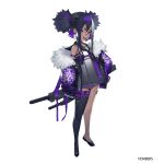  1girl amoeba_yuanchong armlet ash_arms black_hair black_sailor_collar black_thighhighs blue_skirt cube_hair_ornament dragon_print fangs flats full_body fur-trimmed_jacket fur_collar fur_trim hair_ornament headband highres jacket looking_at_viewer multicolored_hair n1k_shiden_(ash_arms) off_shoulder open_clothes open_jacket open_mouth pink_hair pleated_skirt purple_hair purple_headband purple_jacket purple_ribbon ribbon sailor_collar sharp_teeth short_eyebrows short_twintails simple_background single_thighhigh skirt solo sword sword_on_back teeth thigh-highs twintails weapon weapon_on_back white_background 