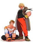  2boys absurdres barefoot black_shirt blonde_hair boots brown_footwear caxqov coat collarbone dog_tags fingerless_gloves gloves grin hand_on_own_hip highres indian_style jewelry ken_masters looking_down looking_up luke_sullivan male_focus messy_hair multiple_boys muscular necklace open_clothes open_coat orange_gloves pants red_pants scar scar_across_eye scar_on_face shirt simple_background sitting smile street_fighter street_fighter_6 sweatpants undercut white_background 