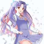  1girl alternate_costume alternate_eye_color alternate_hair_color bow commentary_request fate/grand_order fate_(series) frilled_skirt frills hair_ribbon highres holding holding_clothes holding_skirt ishtar_(fate) long_hair multicolored_hair open_mouth purple_hair red_bow red_eyes redeye_tmirm ribbon school_uniform shirt simple_background skirt smile space_ishtar_(third_ascension)_(fate) twintails two-tone_hair white_background white_shirt 