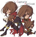  1boy animal_ears black_cape black_footwear black_pants boots brown_eyes brown_gloves brown_hair cape character_name chibi closed_mouth commentary english_commentary expressions eyepatch facing_down full_body gloves hair_over_one_eye harlock harlock_saga hugging_own_legs kemonomimi_mode knee_boots knees_up long_sleeves looking_at_viewer male_focus meremero multiple_views pants profile scabbard scar scar_on_face sheath short_hair simple_background sitting smile surprised tail torn_cape torn_clothes uchuu_kaizoku_captain_harlock white_background 