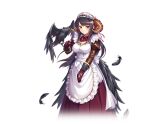  1girl amon_(kamihime_project) apron artist_request bird black_feathers black_hair black_wings bow bow_apron breasts brown_eyes brown_sleeves crow demon_horns dress falling_feathers feathered_wings feathers frilled_apron frills gloves gold_trim hand_up horns juliet_sleeves kamihime_project landing large_breasts long_hair long_sleeves looking_at_viewer maid maid_apron maid_headdress neck_ribbon official_art puffy_sleeves red_dress red_gloves red_ribbon ribbon sidelocks simple_background sleeve_cuffs solo standing white_apron white_background white_bow wings 