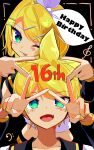  1boy 1girl :p absurdres anniversary aqua_eyes bass_clef behind_another black_background black_sailor_collar blonde_hair blush bow cel_shading collarbone commentary crop_top double_v fang hair_bow hair_ornament hairclip hands_up happy_birthday highres kagamine_len kagamine_rin kasaki_sakura leaning_forward looking_at_viewer one_eye_closed sailor_collar shirt short_hair sleeveless sleeveless_shirt spiky_hair star_(symbol) swept_bangs teeth tongue tongue_out treble_clef upper_body upper_teeth_only v vocaloid white_bow white_shirt yellow_nails 