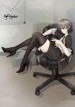  1girl absurdres artist_name black_jacket black_nails black_thighhighs brown_hair chair commentary_request full_body girls&#039;_frontline_2:_exilium girls_frontline hair_between_eyes high_heels highres jacket looking_at_viewer necktie nightwanderer98 office_chair one_eye_closed open_clothes open_jacket orange_eyes portuguese_commentary scar scar_across_eye scar_on_face shirt short_hair shorts sitting striped_necktie swivel_chair thigh-highs ump45_(girls&#039;_frontline) v white_shirt 