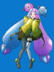  1girl :d absurdres blue_background blue_hair bow-shaped_hair character_hair_ornament full_body hair_ornament highres iono_(pokemon) jacket long_hair long_sleeves looking_at_viewer mikan_(mikan_no_happa) multicolored_hair open_mouth pink_eyes pink_hair pokemon pokemon_sv sharp_teeth single_leg_pantyhose sleeves_past_fingers sleeves_past_wrists smile solo teeth thigh_strap twintails two-tone_hair upper_teeth_only very_long_hair yellow_jacket 
