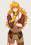  1girl ahoge asymmetrical_legwear blonde_hair cropped_jacket facing_viewer hand_on_own_chin highres jumpsuit long_hair mechanical_arms prosthesis prosthetic_arm rwby single_mechanical_arm solo uneven_legwear upper_body violet_eyes yang_xiao_long yellow_nicky 