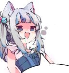  1girl :3 animal_ears blank_speech_bubble blue_eyes blunt_bangs cat_ears cube_hair_ornament drooling frilled_sleeves frills gawr_gura gawr_gura_(2nd_costume) grey_hair hair_ornament heart heart-shaped_pupils highres hololive hololive_english koyoinacho official_alternate_costume official_alternate_hairstyle open_mouth shaded_face shirt short_sleeves side_ponytail sidelocks simple_background solo speech_bubble suspenders symbol-shaped_pupils white_background white_shirt 