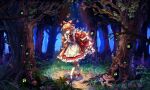  1girl apron bow brown_eyes brown_hair dress elise_liedl forest grass green_brooch highres kirame_kirai little_goody_two_shoes long_hair nature official_art outdoors red_bow red_dress red_footwear ribbon-trimmed_socks smile solo tree white_apron 