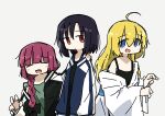  3girls :d absurdres ahoge black_bow black_hair black_jacket black_nails black_tank_top blonde_hair blue_eyes blue_jacket blunt_bangs bocchi_the_rock! bow braid dress green_dress hair_bow hair_over_shoulder highres hiroi_kikuri iwashita_shima jacket japanese_clothes kimono long_hair long_sleeves medium_dress multicolored_clothes multicolored_jacket multiple_girls open_clothes open_jacket purple_hair red_eyes sharp_teeth shimizu_eliza short_hair simple_background single_braid smile tank_top teeth tokiwa_(914) two-tone_jacket white_background white_jacket white_kimono yukata 