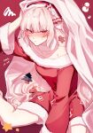  1girl absurdres blush bow christmas dress fujiwara_no_mokou fur-trimmed_dress fur_trim hair_bow hat highres imperishable_night long_sleeves ofuda ofuda_on_clothes red_eyes red_headwear red_theme santa_costume santa_dress santa_hat solo somei_ooo touhou 