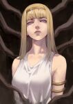  1girl blonde_hair blue_eyes clenched_teeth hairband highres looking_at_viewer medium_hair phamoz shingeki_no_kyojin shirt teeth white_shirt ymir_fritz 